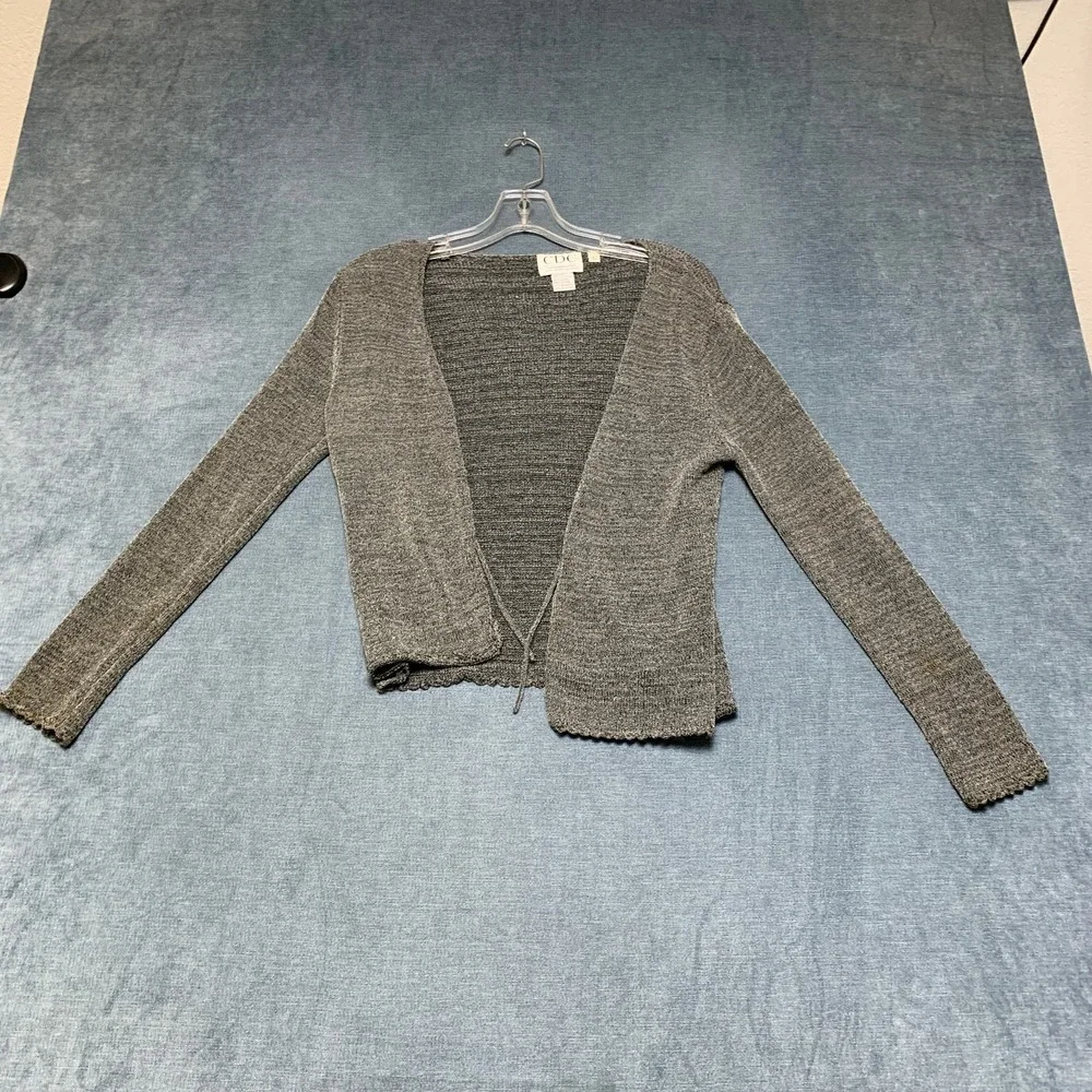 CDC Cardigan Sweater Womens L Heather Gray Metallic Knit Scalloped Hem Tie Front